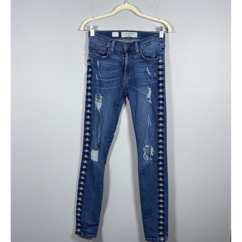 Miss Me Vintage Sophie Skinny Jeans Women's 28 Blue Distressed Triangle Trim